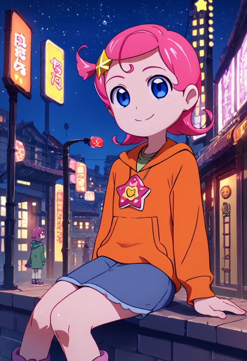 score_9, score_8_up, score_7_up,source_anime,japan street view, city view,komettosan, female, head star accessory, pink hair, short hair, blue eyes, pendant, orange hoodie, purple miniskirt,smile,sitting,shoes,night, star,