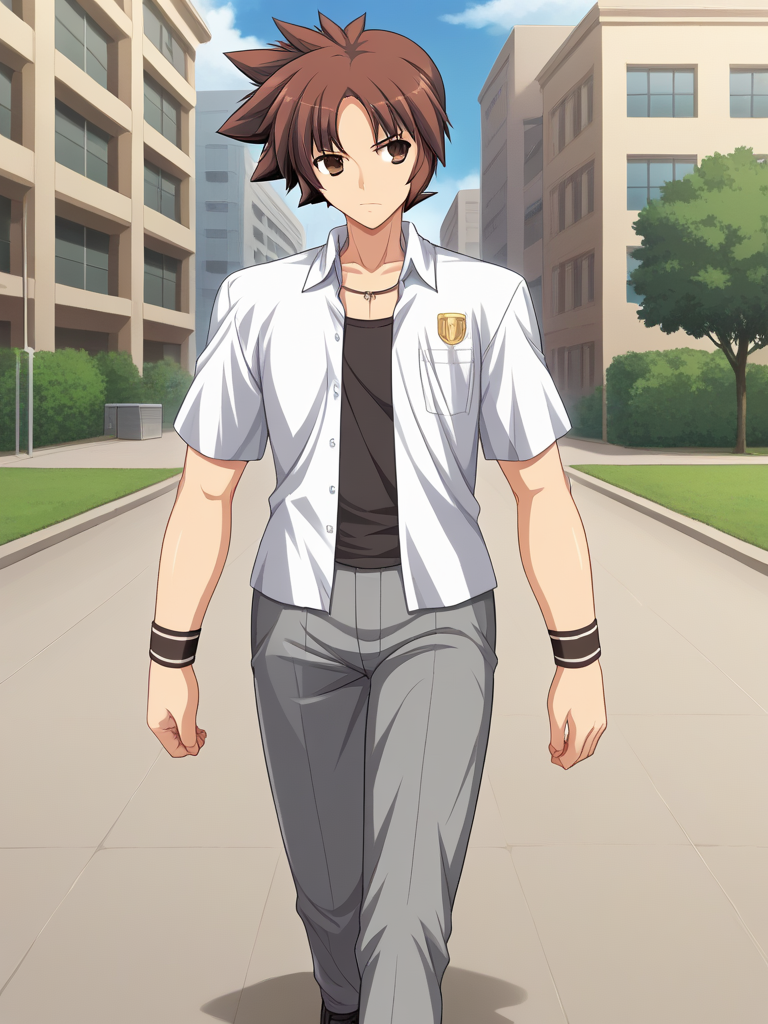 1boy, solo, reijilokiEXAEXSFA, brown hair, spiked hair, brown eyes, white collared jacket, short sleeves, shirt, wristband, grey pants, emblem, necklace, jewelry, school uniform, shoes, outdoors, campus, walking, looking away