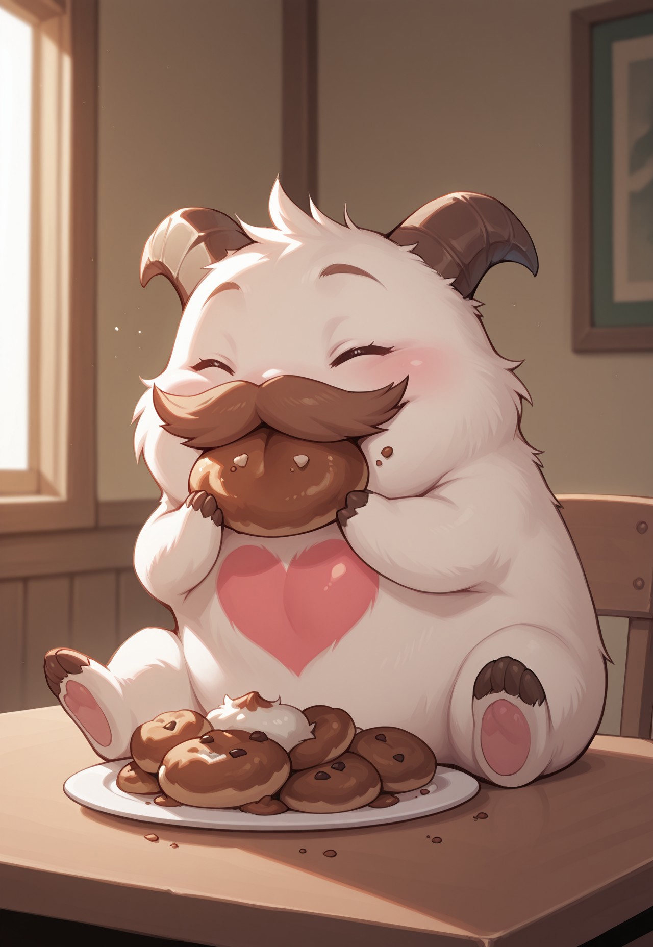 masterpiece, best quality, amazing quality, very aesthetic, absurdres, LoLPoro, 1other, horns, sitting, eating, poro snacks, on table, indoors closed eyes, happy, brown mustache, white fur, heart on chest