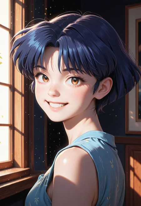 , 8K, high contrast, masterpiece, best quality, amazing quality, very aesthetic, high resolution, ultra-detailed, absurdres, newest, scenery, chiaroscuro, 1girl, solo,akane_tendou, short_hair, blue_hair, brown_eyes, cute smile, teeth, cute eyes, , dim lighting ,looking back at viewer, dark room, face focus, head shot BREAK, beautiful detailed eyes, detailed skin, detailed hair, volumetric lighting, dappled light, light particles, dramatic shadows, cinematic lighting, photo background, <lora:ponyxl\cfg_scale_boost:0.7> h4v_h0l0,