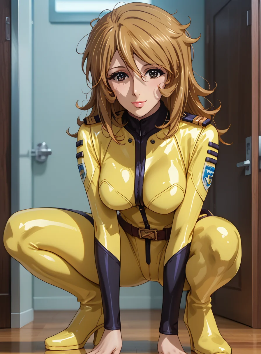 score_9, score_8_up, score_7_up, score_6_up, score_5_up, score_4_up, source_anime, BREAK, (extremely detailed CG, best quality:1.1), high quality, masterpiece, mature female, nfsw, uncensored,  extremely detailed character, detailed eyes, perfect face, ultra-realistic eyes, beautiful face, source anime, mature female, nfsw,  milf,  1girl, solo, long hair, breasts, blonde hair, brown hair, brown eyes, medium breasts, boots, belt, medium hair, uniform, black eyes, high heels, bodysuit, parody, skin tight, yellow bodysuit, yuki mori, epaulettes, (messy hair), flushed red cheeks, sexy, squatting,  wide open legs, armpit,  full body,  <lora:cfg_scale_boost:0.5> <lora:Expressive_H:1> <lora:Yuki_Mori:1>