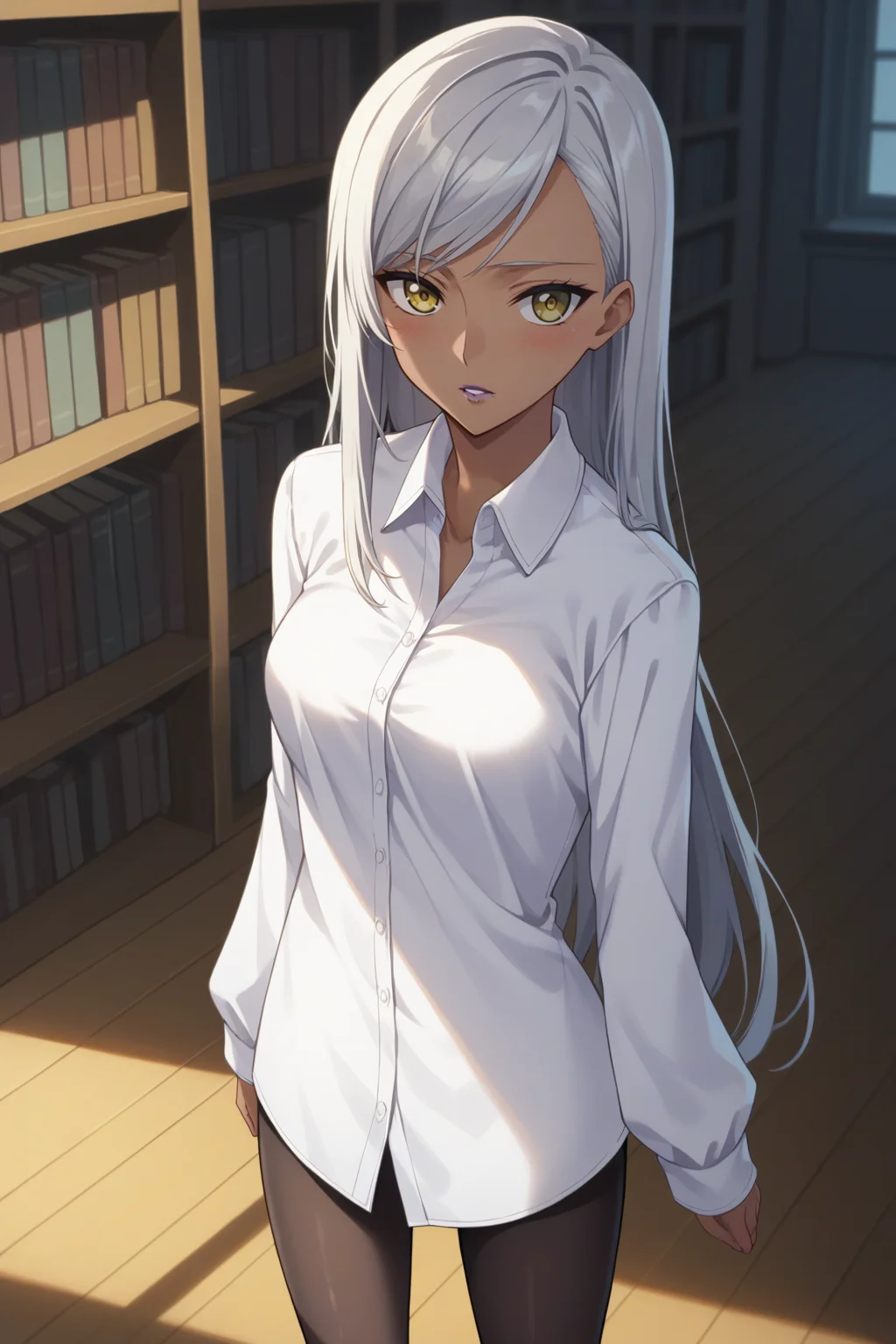 score_9, score_8_up, score_7_up, source_anime, 1girl, prefect lighting, very aesthetic, intricate details, highly detailed background, masterpiece, high quality, prefect hands, best quality, solo,
<lora:Villetta_Nu_Code_Geass_V2:.85>, KJOVilletta, white hair, yellow eyes, long hair, purple lipstick, dark skin,
white shirt, (oversized shirt), dress shirt, sleeves past wrists, black pantyhose, (no pants),
bedroom, bookshelf, wardrobe, desk, carpet, standing, shy, blush, parted lips, from above,
(Beautiful, medium Breasts:1.2), natural breasts,