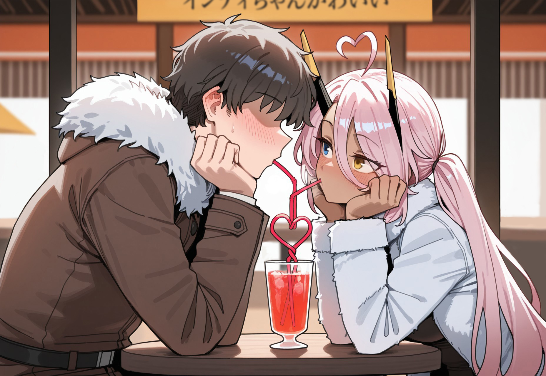 1girl, 1boy, hetero,
indianapolis (azur lane),
pink hair, bangs, twin tails, heart ahoge, mechanical horns,
blue eyes, yellow eyes, heterochromia, dark-skinned female,
small breasts,
upturned eyes, blush, head tilt, drinking, straw, hearts,
winter clothes, fur coat,
faceless male,
looking at each other, face to face, head rest,
from side, table, restaurant, heart straw, sharing drink,
outside, detailed background,
(mata \(matasoup\):0.55), (ergot:0.55), (ciloranko, quasarcake, houtengeki:0.3),
masterpiece, best quality, very awa, newest