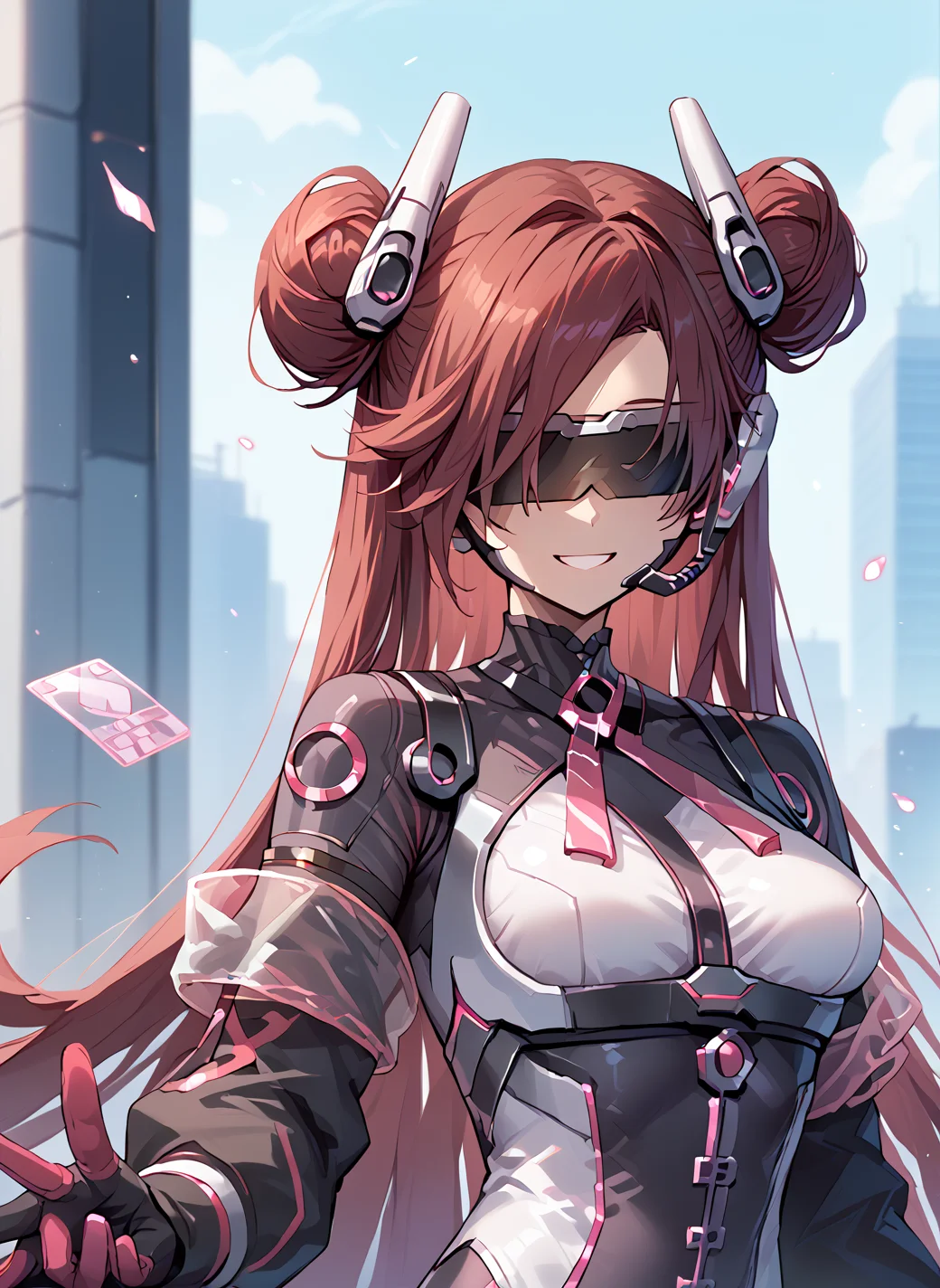 score_9_up, score_8_up, score_7_up,score_6_up,score_5, high quality,
<lora:Backup operator v1:0.9>Backup operator,1girl, Head-mounted displayï¼neckwear. red hair, bodysuit, gloves, very long hair, breasts, hair bun, Hair accessories.
standingã
smile <lora:add-detail-xl:0.5> <lora:HandFixer_pdxl_Incrs_v1:0.8>