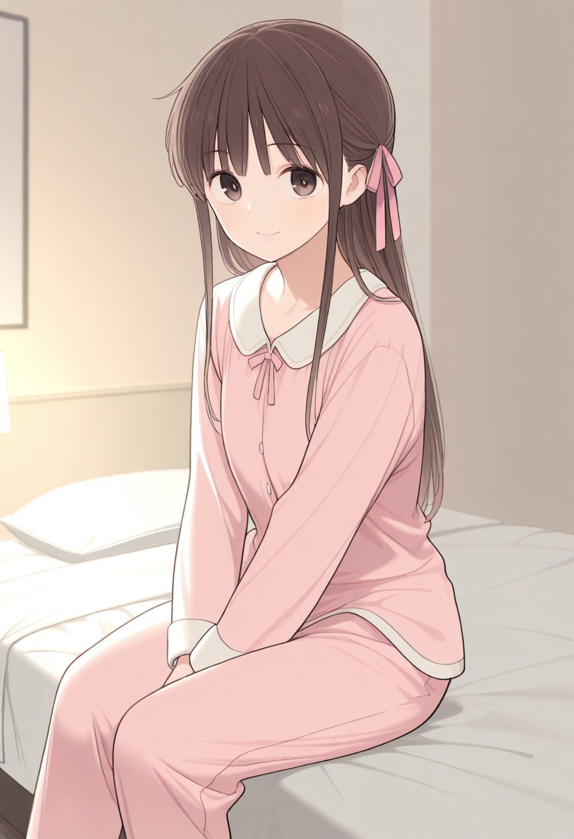 score_9, score_8_up, score_7_up, masterpiece, best quality, amazing quality, very aesthetic, absurdres, newest, in a bedroom, girl on a bed, tooru honda, solo, brown hair, brown eyes, long hair, hair ribbons, pink ribbons, sitting down, soft smile, looking at viewer, cozy blanket, morning light, relaxed pose, gentle expression, pastel tones, soft pajamas, warm atmosphere, peaceful moment, (masterpiece, best quality, highres:1.2), (intricate and beautiful:1.2), (beautiful detailed eyes:1.2), detailed light, (soft lighting, side lighting, reflected light), light freckles
,NoraHigumaArt