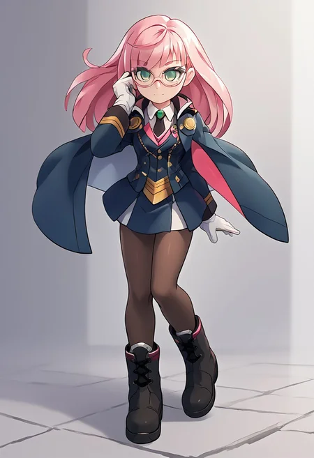 score_4,score_5,score_6,score_7_up,score_8_up,score_9
((masterpiece,best quality,ultra detailed,highres,HD,4k:1.2)),
1 cute girl,girl forcus,
full body,1girl,solo,long hair,pink hair,green eyes,glasses,  
pantyhose,gloves,white gloves,cape, skirt,necktie,jacket,boots,black footwear,