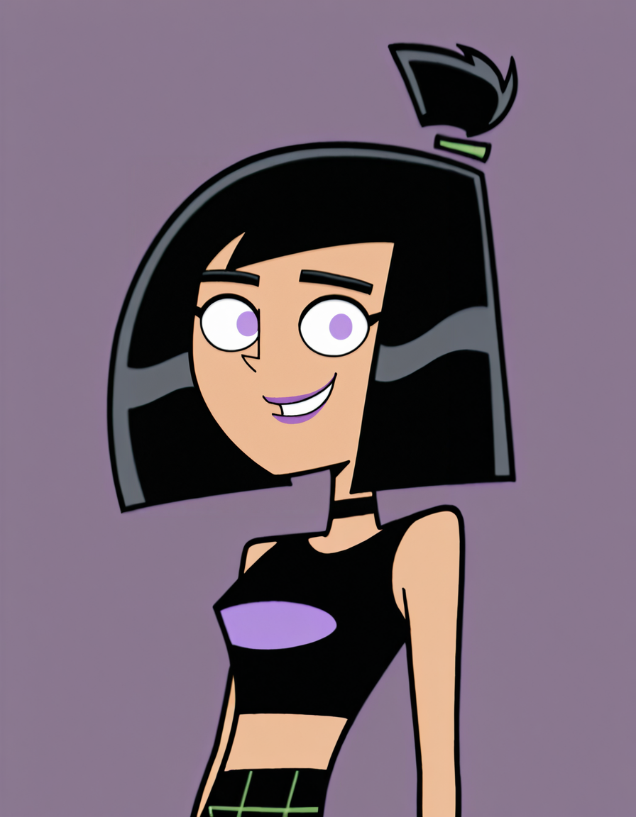 <lora:SamMasonIllustrious1.0JLFO:1> samm, black hair, 1girl, purple eyes, short hair, solo, crop top,  lipstick, midriff, purple lips, bob cut, plaid skirt, purple pantyhose, choker, bangs, looking at viewer, upper body, portrait,smile,   masterpiece, best quality, amazing quality, very aesthetic, absurdres,simple background,