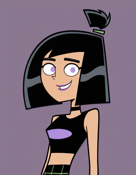 <lora:SamMasonIllustrious1.0JLFO:1> samm, black hair, 1girl, purple eyes, short hair, solo, crop top, lipstick, midriff, purple lips, bob cut, plaid skirt, purple pantyhose, choker, bangs, looking at viewer, upper body, portrait,smile, masterpiece, best quality, amazing quality, very aesthetic, absurdres,simple background,