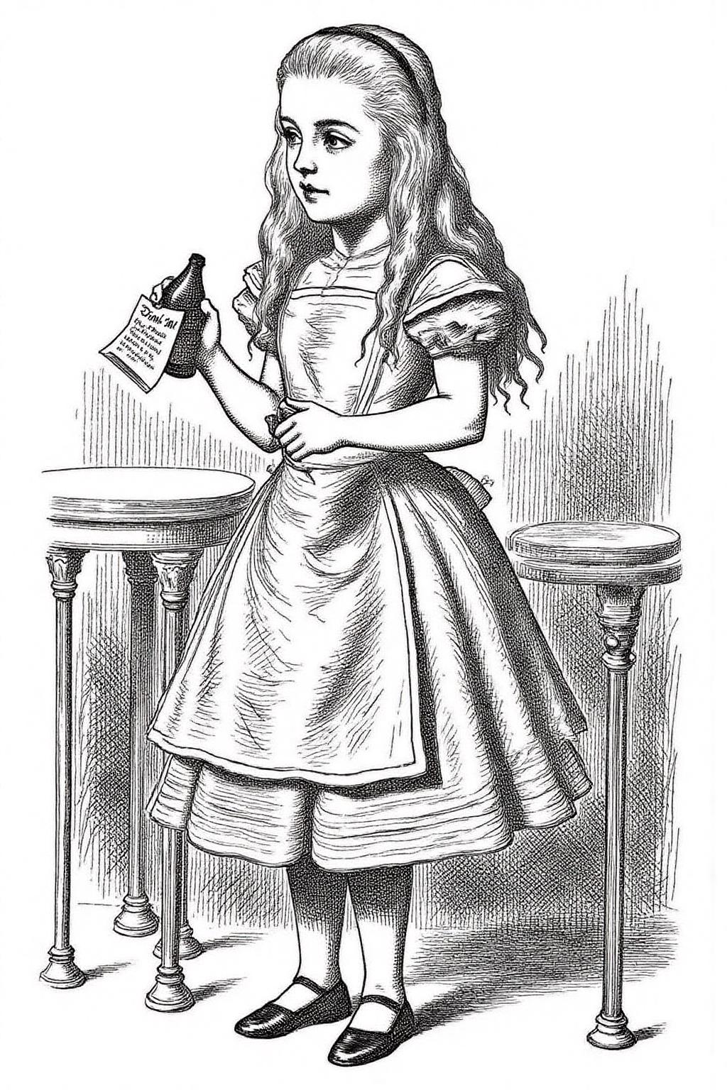 joten1 illustration.
A young girl, Alice in wonderland, standing in front of a pedestal with a small table. She appears to be in a whimsical, fantastical scene. The girl has long, wavy hair that cascades down her back and shoulders. She hold a bottle with a note that says "Drink Me". <lora:joten1_cap_d6a3e12:1.0><lora:821768213424720786:0>
