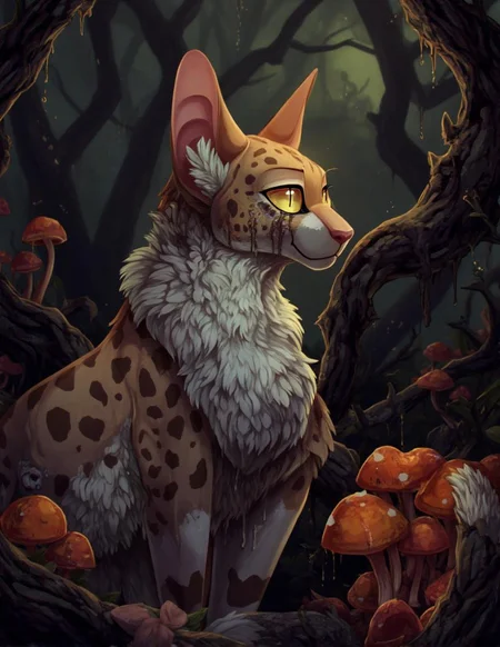 <lora:ck-LttleGhost-000011.safetensors:1> in the style of ck-lttlegh0stA miniature cheetah sits uneasily amidst a twisted, gnarled forest, surrounded by vibrant yet ominous mushrooms and dark vines. Its golden eyes gleam with an otherworldly intelligence as it gazes out at something unseen, its tattered feather collar hanging precariously close to its ear. Every detail is rendered in macabre precision, evoking a sense of creeping dread.