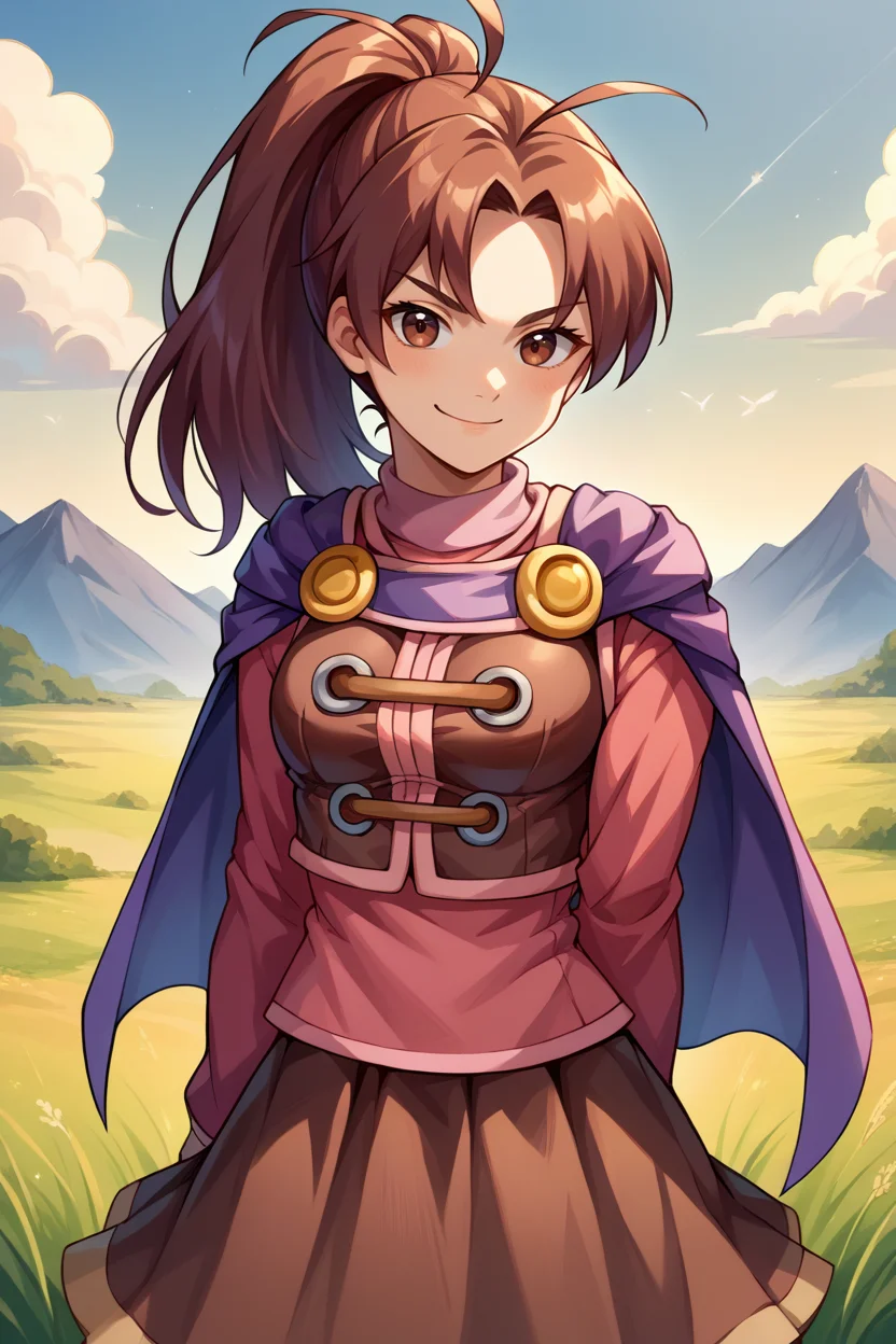 score_9, score_8_up, score_7_up, score_6_up, source_anime, BREAK 1girl, solo, <lora:gsjenna-pdxl-nvwls-v1-000005:1> gsJenna, brown hair, ponytail, antenna hair, purple cape, vest, pink shirt, long sleeves, brown skirt, boots, upper body, looking at you, smirk, blue sky, field, mountains