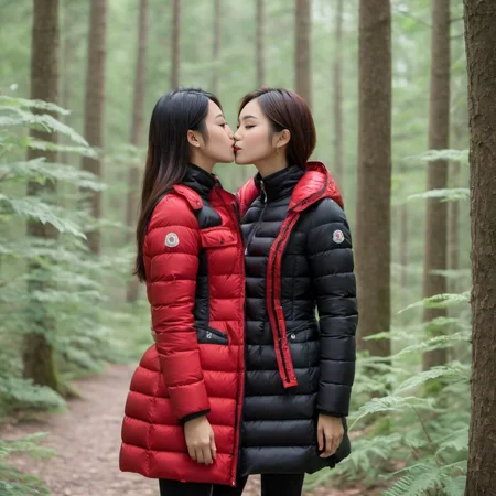 cute two asian 25 year old women a wearing a long black and red  moncler_hermine jacket , hyperdetailed photography,4k textures,intricate details,4k resolution   ,  <lora:moncler_hermine_v1_r2-000007:0.5>, kissing, forest scene