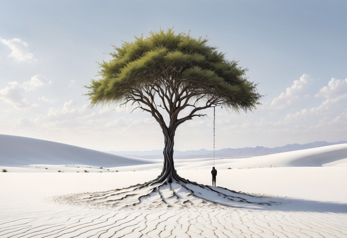 a serene and captivating digital painting of a solitary tree standing in the midst of a vast and tranquil white desert landscape, inspired by the desert photography of John Stephens, with a focus on the rippled white landscape and the peaceful environment, 
[(inspired by Pejac:1.30), (inspired by Banksy:1.30) ::0.40], (Inspired by Pejac and Banksy), [street art: social commentary: 0.70], [urban interventions: hidden messages: 0.60], artwork inspired by the street art, social commentary, urban interventions, and hidden messages of Pejac and Banksy
