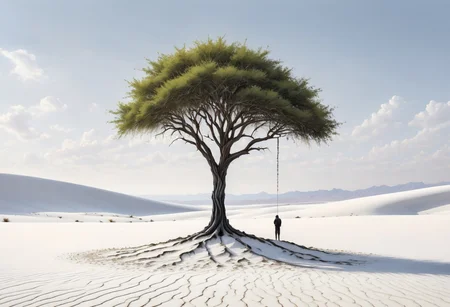 a serene and captivating digital painting of a solitary tree standing in the midst of a vast and tranquil white desert landscape, inspired by the desert photography of John Stephens, with a focus on the rippled white landscape and the peaceful environment, 
[(inspired by Pejac:1.30), (inspired by Banksy:1.30) ::0.40], (Inspired by Pejac and Banksy), [street art: social commentary: 0.70], [urban interventions: hidden messages: 0.60], artwork inspired by the street art, social commentary, urban interventions, and hidden messages of Pejac and Banksy
