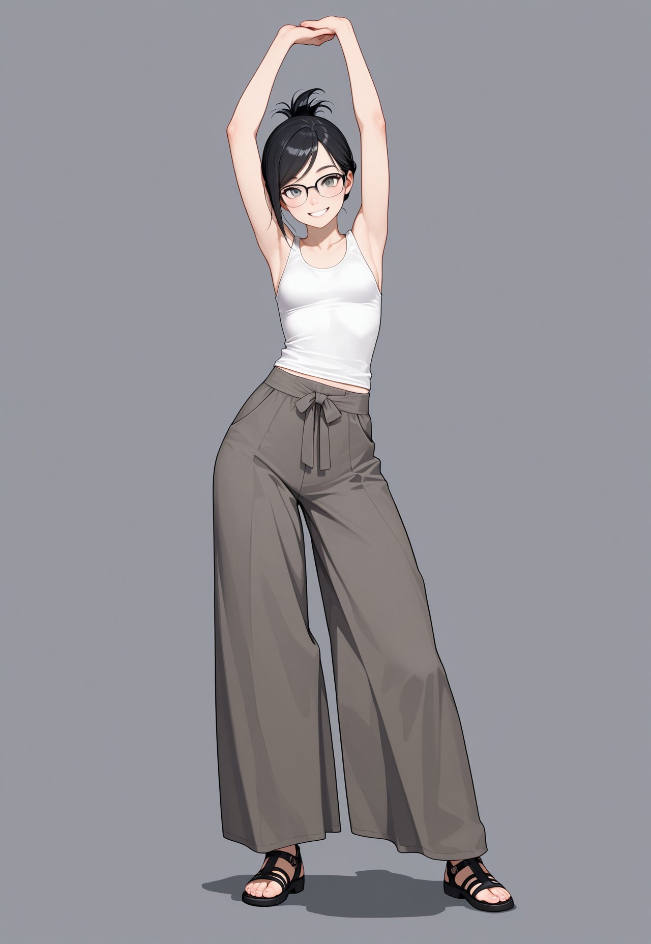lazypos, 1girl, small breasts, black hair, folded ponytail, gray eyes, glasses, swept bangs, (purple eyeshadow:0.5), contrapposto, sandals, wide pants, white tank top, stretching, arms above head, grin