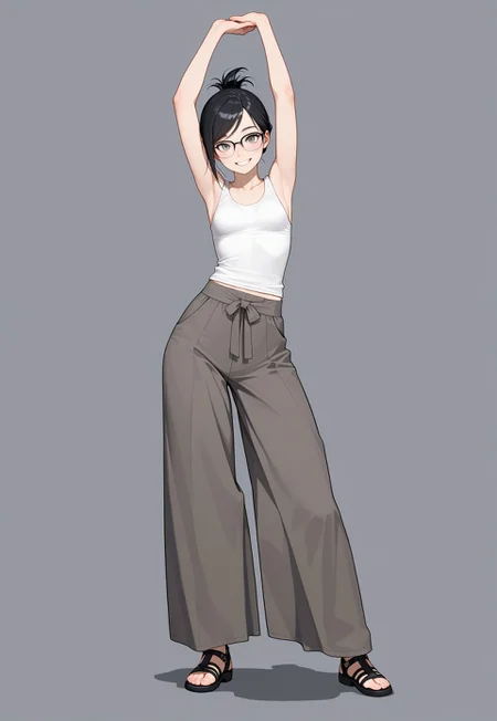 lazypos, 1girl, small breasts, black hair, folded ponytail, gray eyes, glasses, swept bangs, (purple eyeshadow:0.5), contrapposto, sandals, wide pants, white tank top, stretching, arms above head, grin