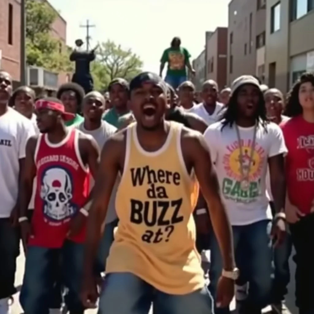Angry mob of Gangster rappers are wearing tank tops and hip hop attire in the street. The main character is shouting "Where da BUZZ at?!" to the camera. It's sunny in an urban poor neighborhood setting and a couple of menacing back ground figures compliment the image.
