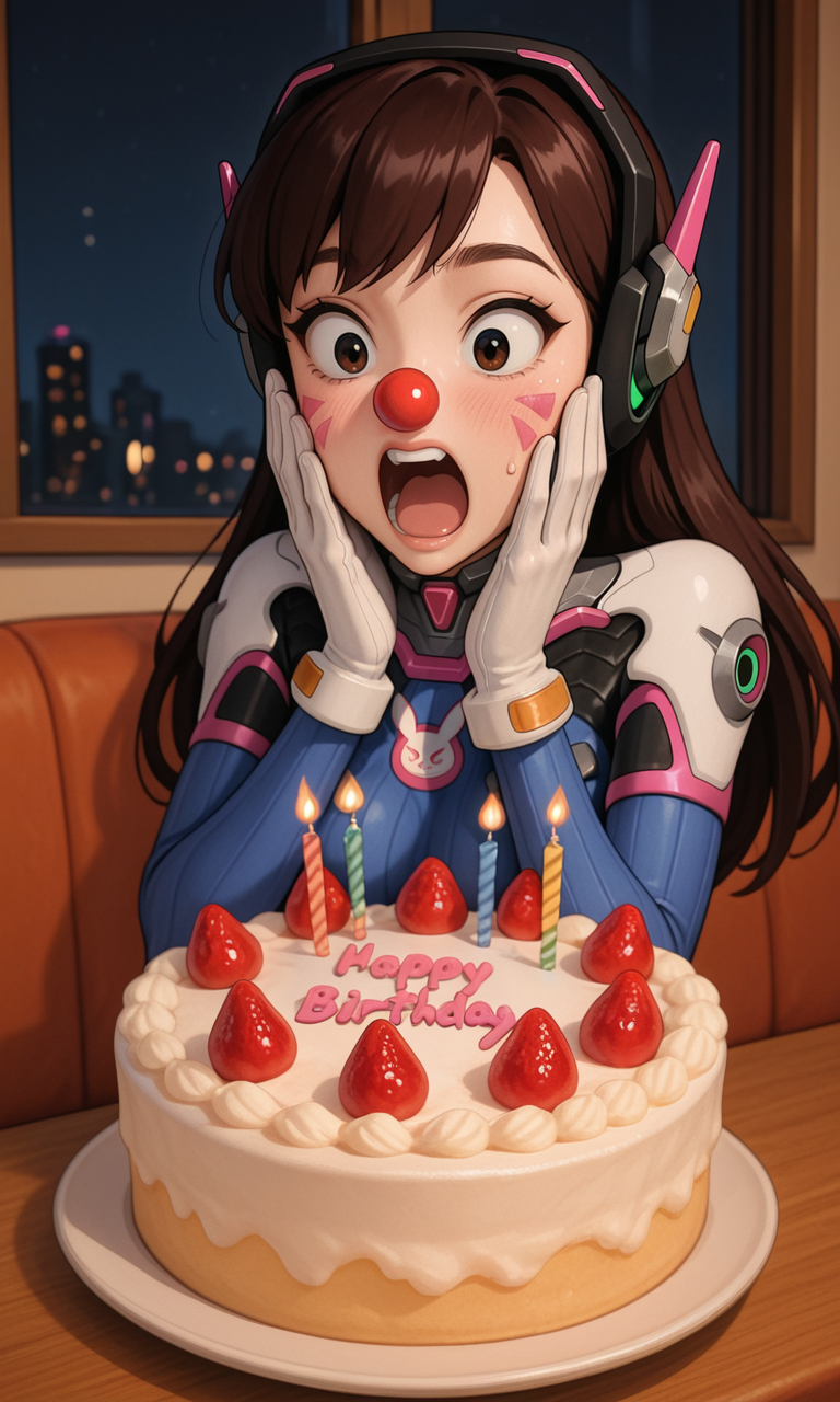 embedding:IllusP0s, delicious food, surprised, hands on own face, food focus, d.va_\(overwatch\), birthday cake, yelling, 1girl,indoors, night, clown nose, headset, bodysuit,<lora:delicious food_illustrious.safetensors:1.0:1.0>