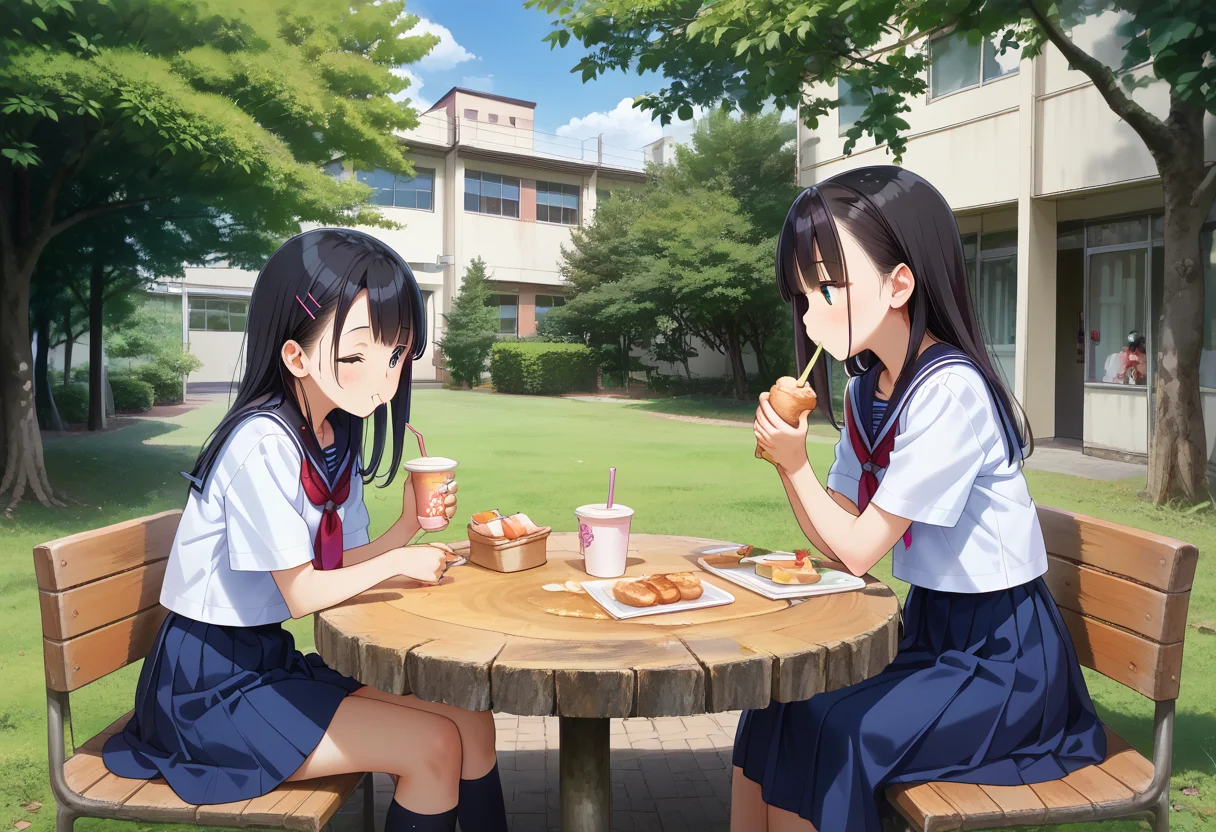 score_9, score_8_up, score_7_up, rating_safe, masterpiece, best quality, absurdres, unity 8k wallpaper, official art, official style, source_anime, uncensored, game cg, megami magazine,
nakaniwa, multiple girls, school uniform, tree, black hair, serafuku, outdoors, skirt, table, sitting, sailor collar, eating, food, day, building, cup
<lora:gakkou_nakaniwa_PONY_V1:1>