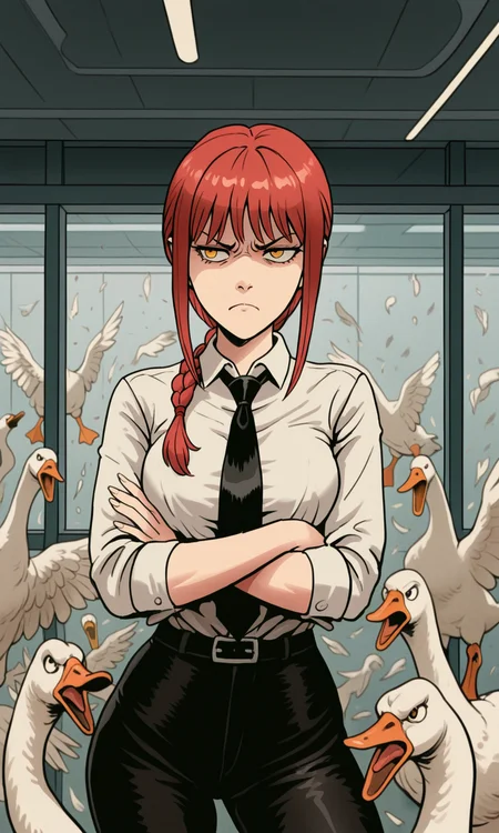 embedding:IllusP0s, f3rn4nd0, goose ambush, 6+ geese, makima, annoyed, white shirt, black tie, arms crossed, 1girl, solo,<lora:Style_soph-Fernando-ILXL.safetensors:1.0:1.0> <lora:goose ambush_illustrious.safetensors:1:1>