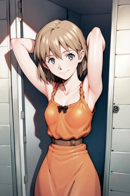 score_9, score_8_up, score_7_up, 1girl, smile, bronze hair, wispy_bangs, hair_intakes, grey eyes, small breasts, boho dress, arms_behind_head, cubicle, no light <lora:Sadamoto_Yoshiyuki_PonyXL_style_v01:1>