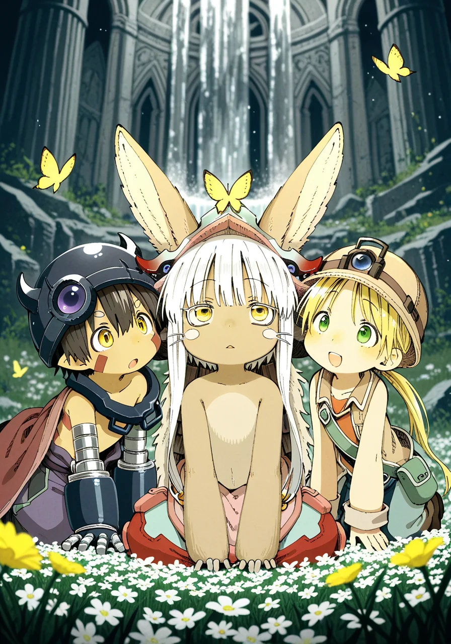 trio group, riko \(made in abyss\), regu \(made in abyss\), nanachi, front view, looking up, head up, young, curious, happy, [side by side, high-angle view::0.15], explorer hat, explorer cloth, fanny pack, sitting, kneeling, yellow butterfly particles, BREAK, masterpiece, best quality, high quality, made in abyss, [[:by Kuromiya:0.15]:(by Abara Heiki:1.25):0.45], grey theme, detailed background, detailed foreground, depth of field, [:cavern, ruins cathedral, pillar:0.25], [:flower field, grass, waterfall:0.15]