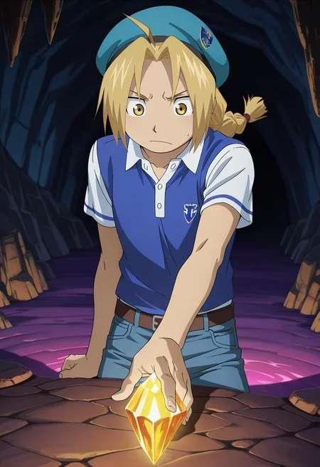 masterpiece, best quality, intricate details, anime screencap, anime coloring, official style, , 1boy, solo, male focus, <lora:edward_elric_ilxl:0.94>, edward_elric, blonde hair, yellow eyes, single braid, braided ponytail, , crystal cave, glowing minerals, underground pool, rock formations, touching crystal, amazed expression, cave lighting, Denim joggers, Golf polo, , Beret,