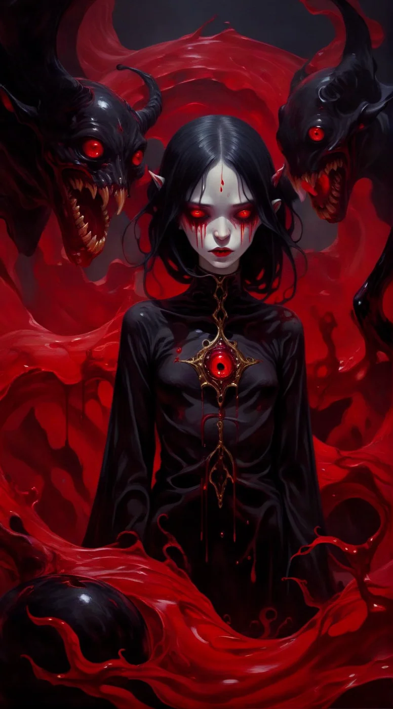 abycrimviso absurda close up In the depths of the scarlet, a dark and mysterious world unfolds, where a surreal death girl and devil with eyes of liquid gold wanders, lost in the scarlet's enigmatic dreamscape surrealistic <lora:abycrimviso:1> <lora:absurda:1>