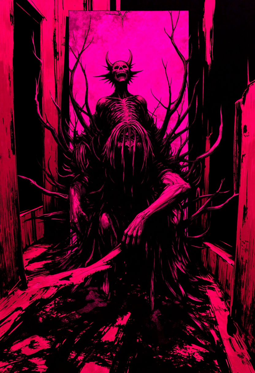 A hauntingly surreal scene where a twisted, humanoid figure emerges from a vibrant, mulberry-hued oil painting, its features morphing between thick, heavy brushstrokes and grotesque, hyperdetailed reality. The atmosphere is oppressive and eerie, with deep shadows and flickering, otherworldly light casting long, sinister silhouettes across a dark, blood-red room. The figure's distorted face contorts in a silent scream, its body a blend of melting paint and grotesque, humanoid form. Hyperdetailed textures, vibrant mulberry and deep pink hues contrast with the dark, foreboding environment, creating a sense of dread and unease. The painting's frame cracks and splinters, as if the figure's emergence has shattered the boundaries between art and reality. Colored pencil-like strokes add a layer of unsettling clarity to the scene, emphasizing the horror of the moment.,horror theme, colored pencil style, broad heavy brushstrokes, figure emerging from painting, oil brushstrokes blending with reality, extremely dark and creepy, hyperdetailed, vibrant mulberry and deep pink hues, oppressive eerie atmosphere, twisted humanoid figure, distorted features, melting paint and grotesque reality, silent scream, hyperdetailed textures, flickering otherworldly light, long sinister silhouettes, blood-red room, cracked and splintered painting frame, boundaries between art and reality shattered, unsettling clarity, vibrant contrasting colors, oppressive shadows, sense of dread and unease, dynamic and grotesque pose, emerging from the painting, hyperrealistic details, eerie and sinister ambiance, bold and vibrant color palette, heavy brushstroke effects, dark and foreboding environment, unsettling and terrifying imagery, surreal and haunting scene,<lora:dark_fantasy_flux:0.308><lora:test2-000013-nistyle:0.406> Nistyle,<lora:NLSTN-F:0.625> in a neon-lit NLSTN anime style, NLSTN, glowing, neon,<lora:Tsutomu_Nihei_Style_flux:0.317>