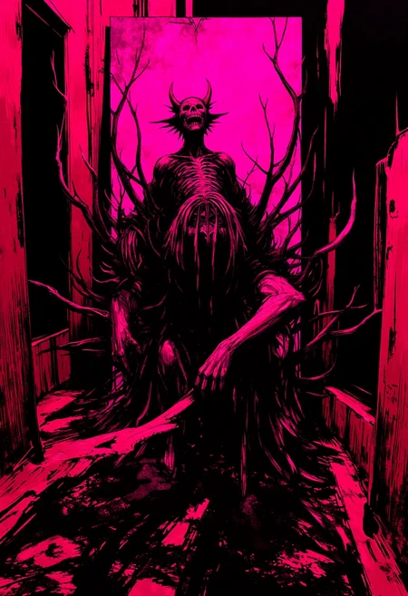 A hauntingly surreal scene where a twisted, humanoid figure emerges from a vibrant, mulberry-hued oil painting, its features morphing between thick, heavy brushstrokes and grotesque, hyperdetailed reality. The atmosphere is oppressive and eerie, with deep shadows and flickering, otherworldly light casting long, sinister silhouettes across a dark, blood-red room. The figure's distorted face contorts in a silent scream, its body a blend of melting paint and grotesque, humanoid form. Hyperdetailed textures, vibrant mulberry and deep pink hues contrast with the dark, foreboding environment, creating a sense of dread and unease. The painting's frame cracks and splinters, as if the figure's emergence has shattered the boundaries between art and reality. Colored pencil-like strokes add a layer of unsettling clarity to the scene, emphasizing the horror of the moment.,horror theme, colored pencil style, broad heavy brushstrokes, figure emerging from painting, oil brushstrokes blending with reality, extremely dark and creepy, hyperdetailed, vibrant mulberry and deep pink hues, oppressive eerie atmosphere, twisted humanoid figure, distorted features, melting paint and grotesque reality, silent scream, hyperdetailed textures, flickering otherworldly light, long sinister silhouettes, blood-red room, cracked and splintered painting frame, boundaries between art and reality shattered, unsettling clarity, vibrant contrasting colors, oppressive shadows, sense of dread and unease, dynamic and grotesque pose, emerging from the painting, hyperrealistic details, eerie and sinister ambiance, bold and vibrant color palette, heavy brushstroke effects, dark and foreboding environment, unsettling and terrifying imagery, surreal and haunting scene,<lora:dark_fantasy_flux:0.308><lora:test2-000013-nistyle:0.406> Nistyle,<lora:NLSTN-F:0.625> in a neon-lit NLSTN anime style, NLSTN, glowing, neon,<lora:Tsutomu_Nihei_Style_flux:0.317>