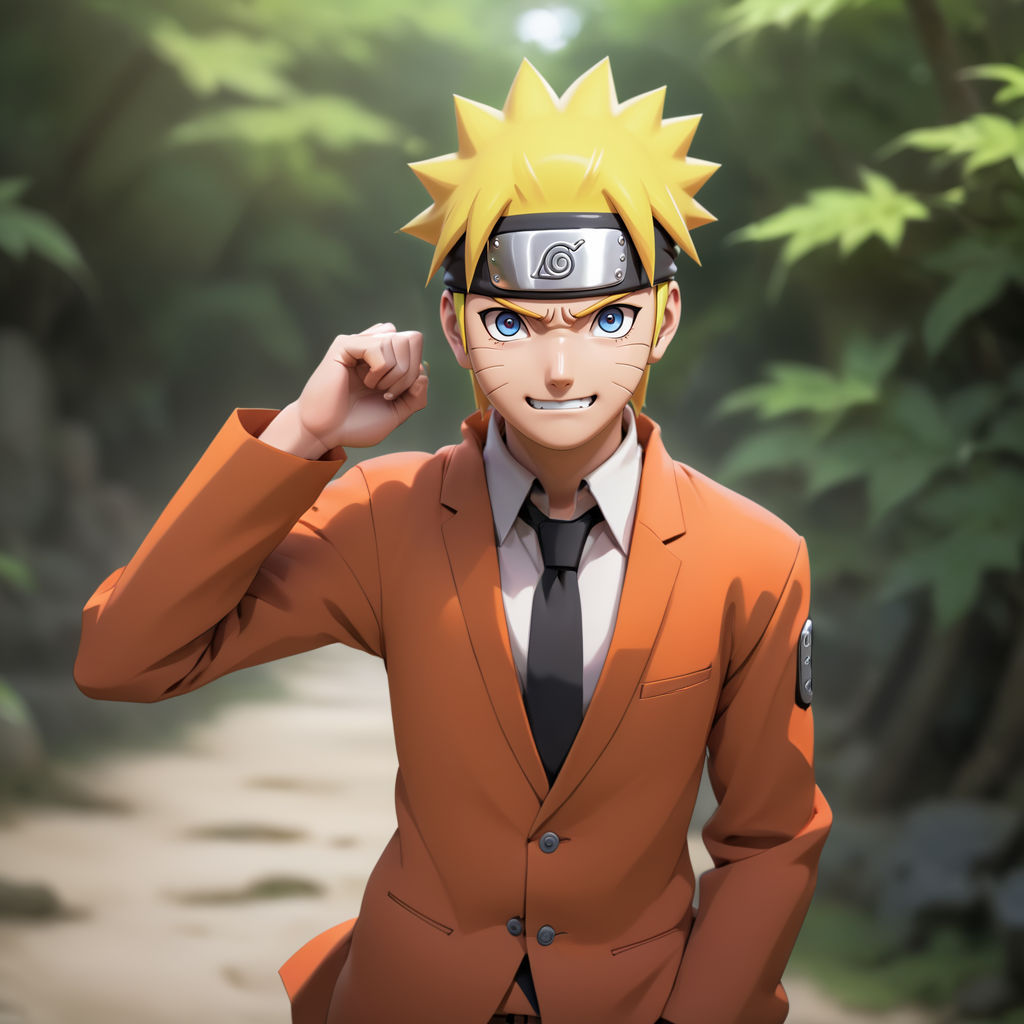 naruto is similing in a suit,  <lora:narutov2:0.5>, (suit:1), (smile:1)