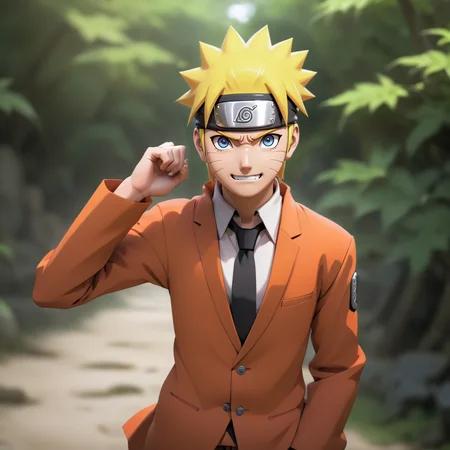 naruto is similing in a suit,  <lora:narutov2:0.5>, (suit:1), (smile:1)