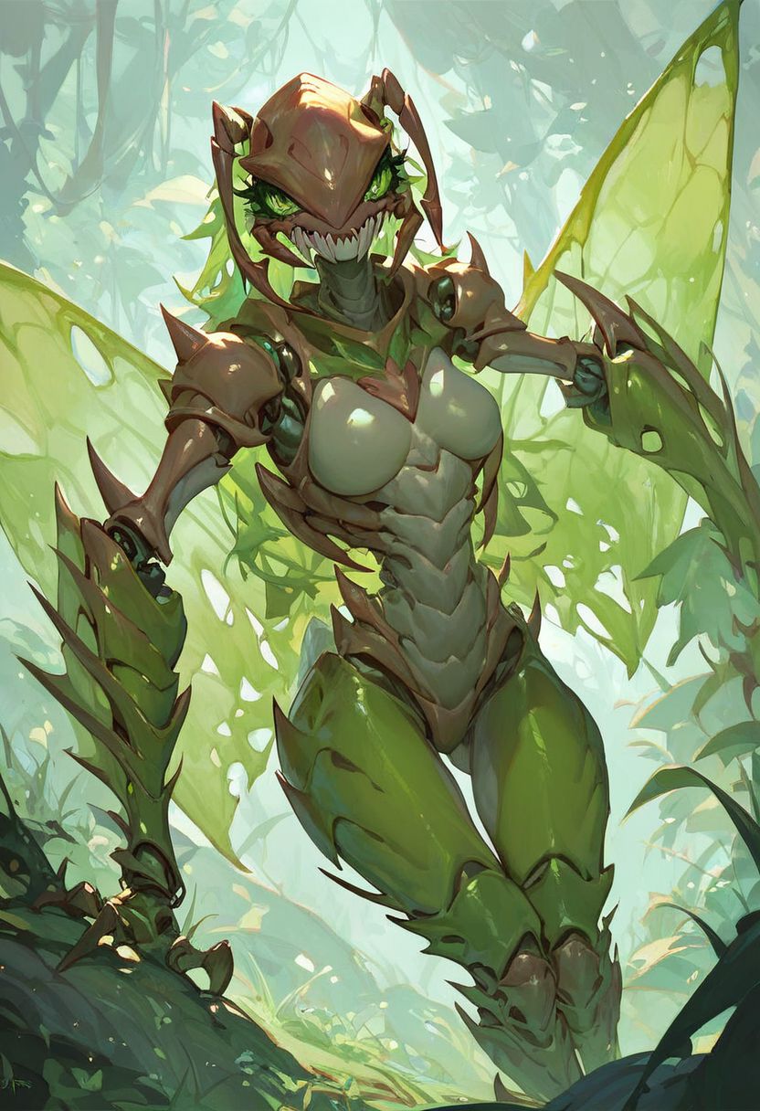 score_9, score_8_up, score_7_up, HD, (female anthro insect), monster girl, a fly, chitin body, insect limbs, (green round insect eyes), faceted eyes, half-transparent insect wings, (mandibles), insect black carapace limbs, (no mouth), glossy carapace, (no iris)