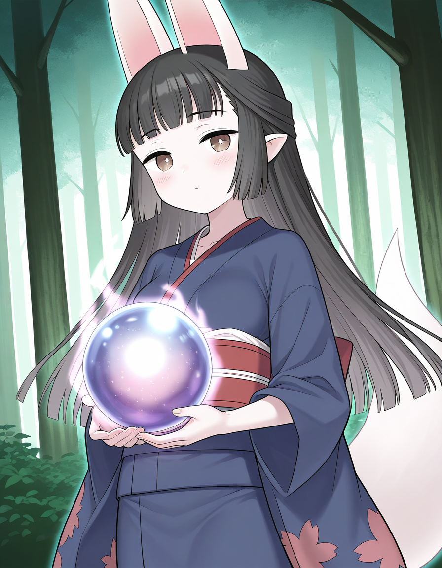 general,highres, ultra-detailed,very aesthetic,best quality ,best hands,  BREAK <lora:Hasaha_IS:1.1> Hasaha, animal ears, black hair, brown eyes, pointy ears,  white tail, breasts,
 long hair, crystal ball, orb, white background, simple background, blush, holding, looking at viewer, cowboy_Shot,
forest, aura,