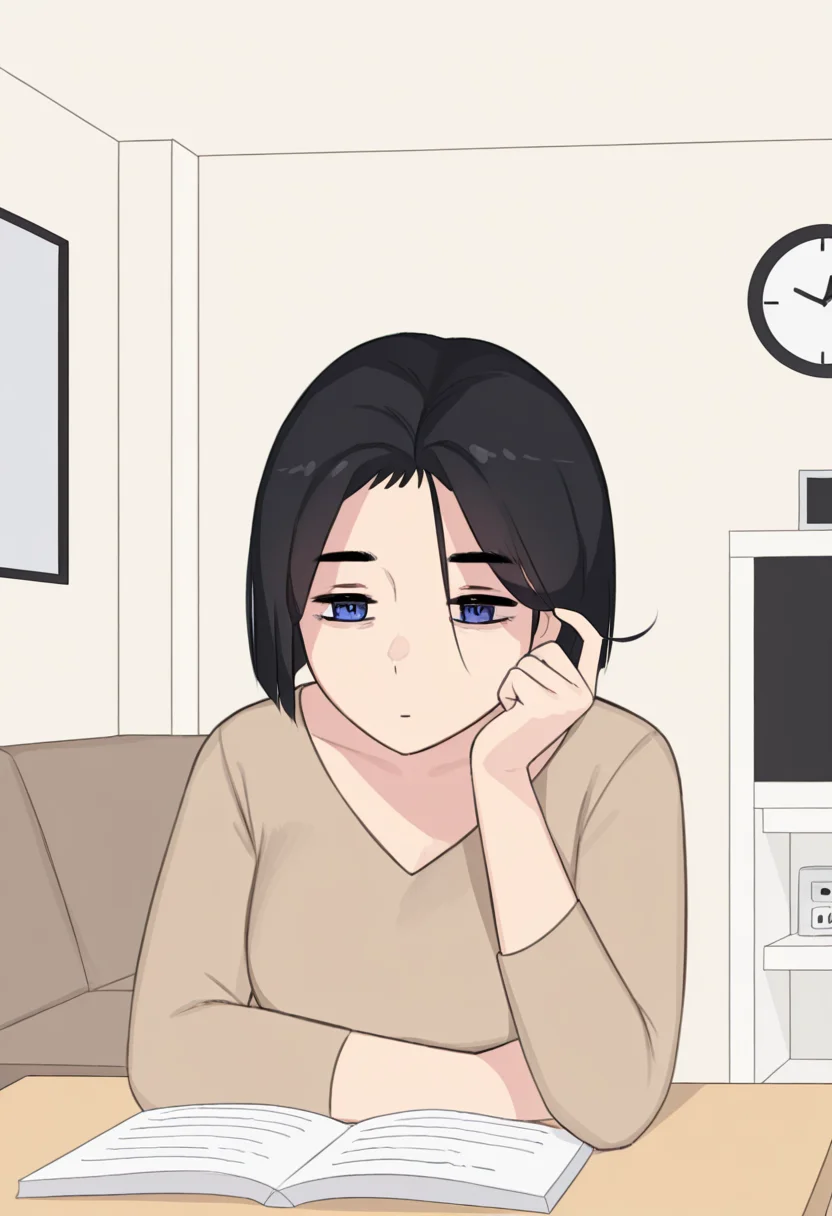 1girl, solo, akiyama yuko, blue eyes, black hair, short hair, brown shirt, long sleeves, 
playing with a strand of hair, distant look, bored expression, living room setting, open textbook on desk, clock in background, afternoon lighting, high detail
<lora:Character_Akiyama Yuko:1>