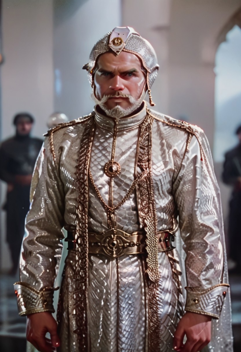 Score_9, score_8_up, score_7_up, ar3na1989, BagdadThief, elder male, ((solo)), Syrian, olive skin, (pope), very muscular, beard, pope hat, white armor, ceramic armor, gold inlet, chainmail, helmet, medieval attire, fantasy