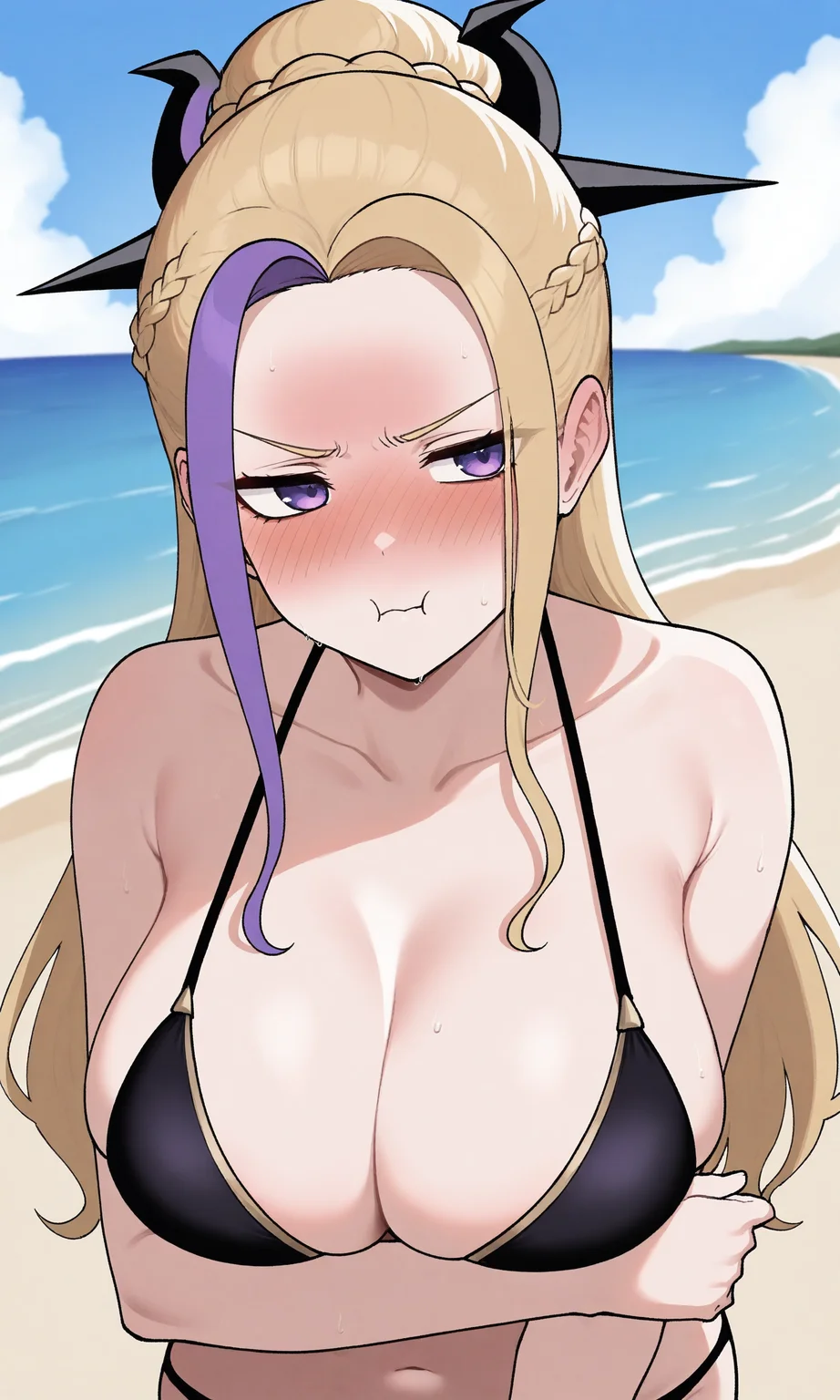 masterpiece, best quality, high resolution, absurdres, 1girl, fjern, purple_eyes, blonde_hair, single_hair_bun, streaked_hair, braid, long_hair, large_breasts, bikini, outdoors, beach, embarrassed, arm_under_breasts, looking_at_viewer, pout,