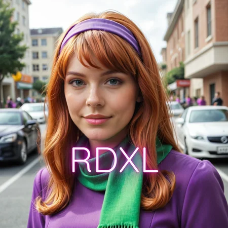 Daphne Blake,purple clothes,redhead,green scarf,purple headband,vibrant colors,very beautiful,[photorealistic, realistic]