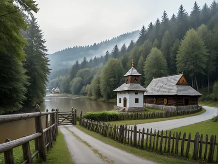 Hyperrealistic art professional photo, scenery, skanzen, masoned houses over river, shrine, fence, road, forest in background, (natural colors, correct white balance, color correction, dehaze,clarity), . Extremely high-resolution details, photographic, realism pushed to extreme, fine texture, incredibly lifelike <lora:SkanzenXL:1>