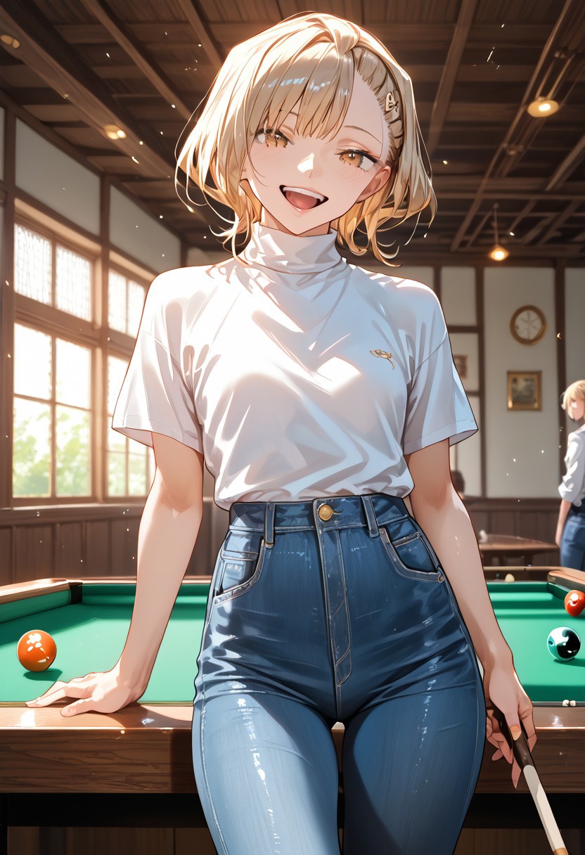 score_9, score_8_up, score_7_up, vibrant colors, dim light, steamy, depth of field, bokeh, detailed anime masterpiece, highly detailed, (dynamic lighting : 0.8), volumetric lighting
masterpiece, best quality, newest, absurdres, CG, anime, source anime, illustration, very aesthetic, high resolution, ultra-detailed, newest, scenery, medium depth of field, rule of thirds, masterpiece-level, clean lines, sharp, focused subject,  
detailed eyes, detailed face, detailed skin, subsurface scattering, facedetailxls, source_anime, 1girl, (solo focus:1.25), anjouYG, athletic build, (skinny:1.2), (long legs:1.15), short hair, makeup, short hair, bangs, blonde hair, light brown eyes, leg focus, flat chest
turtleneck, jeans, hair ornament
dynamic pose, standing behind billiard table, laughing, looking at viwer
indoors, billiard room, billiard table, cue, wood paneling
cinematic angle, various angles, detailed background, beautiful background,  (rays light:1.0),(grow:1.0), light particles, motion lines, from both sides