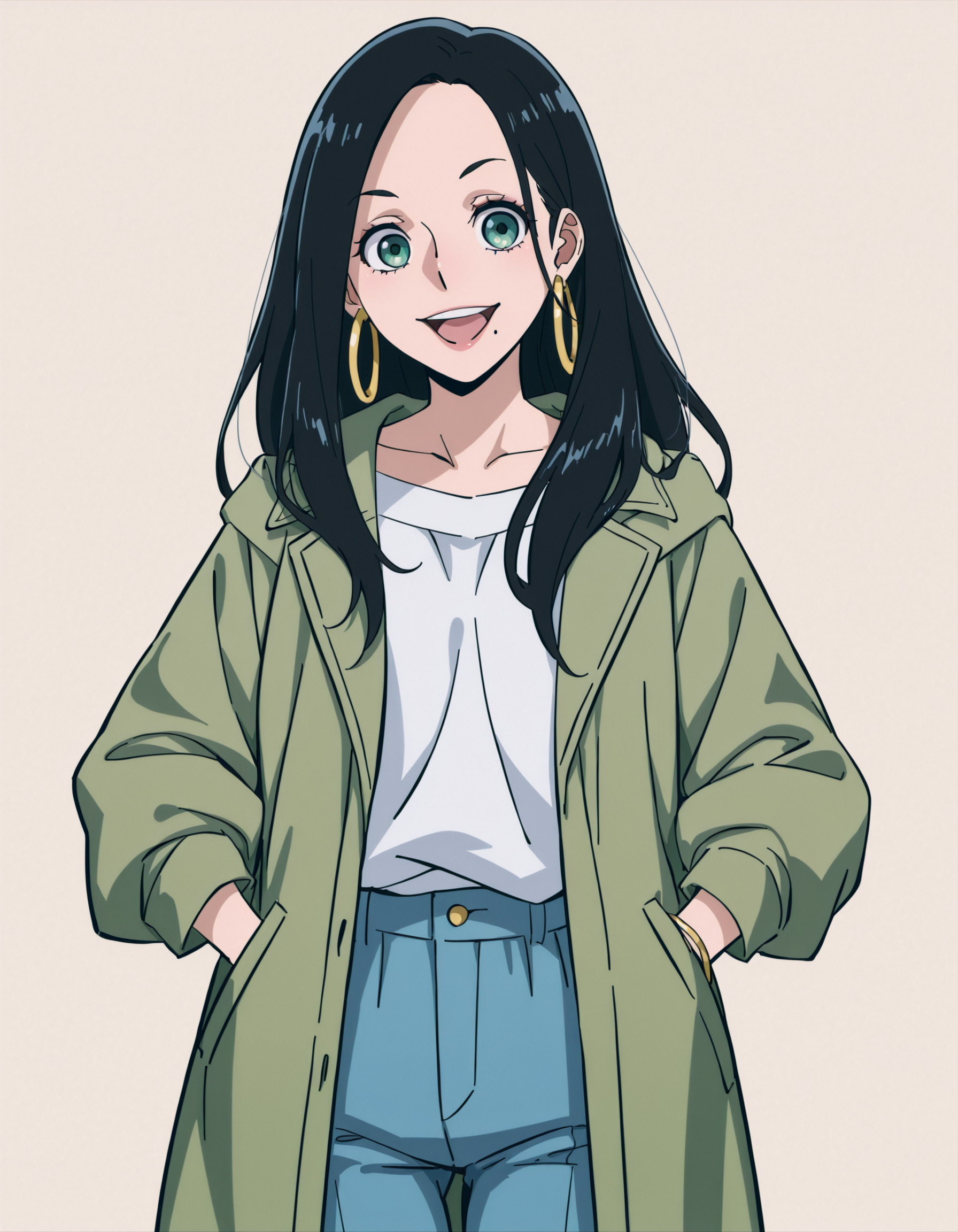 <lora:MakotoTsukauchiIllustrious1.0JLFO:1> makokotsukauchi, black hair, long hair, 1girl, smile, mole, jewelry, solo, green eyes, hoop earrings, white shirt, looking at viewer, cowboy shot,simple background, blue pants, open mouth, green coat