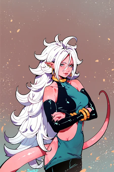 score_9, score_8_up, score_7_up, android_21 , majin android 21, colored skin, white hair,, solo, solo focus, cowboy shot, simple background, Standing with arms crossed, <lora:satou_t:0.8>, satou t,âââ