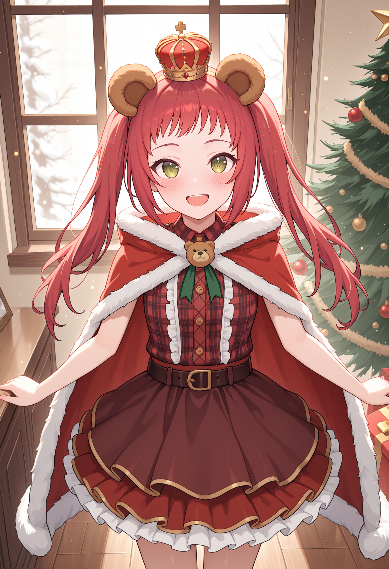 highres, best quality, masterpiece, indoors,
1girl, solo, pcrayane, twintails, red hair, long hair, green eyes,
paynmas, animal ears, bear ears, crown, fur-trimmed cape, red cape, plaid shirt, red shirt, center frills, belt, red skirt, brown skirt, layered skirt, frilled skirt,
looking at viewer, blush, smile,
standing,
christmas, open mouth, christmas tree, window, light particles,
<lora:_ayane_pcr-elesico-ilxlA-000014:1>