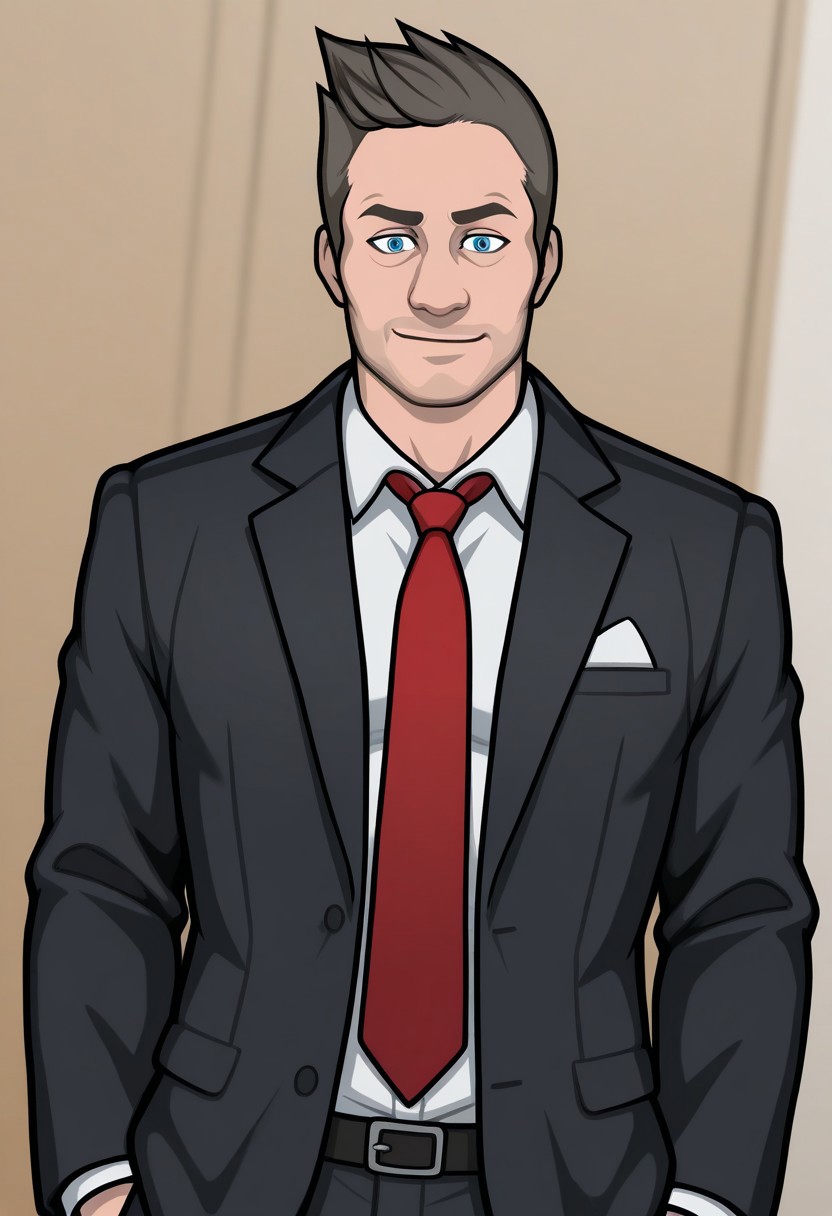 score_9, score_8_up, score_7_up, score_6_up, perfect anatomy, perfect proportions, best quality, masterpiece, high_resolution, high quality, best aesthetic, incredibly absurdres, highres, extremely detailed, huge filesize, solo male, adult, mature, masculine, manly, handsome, charming, alluring, standing, upper body, dutch angle, cowboy shot, perfect face,   source_game \Criminal Case\), official style \(Criminal Case\), David Jones\(Criminal Case\), CCDavid, blue eyes, light brown hair, short hair, facial hair, stubble, five o'clock shadow, CCDavid_outfit03, black suit, white collared shirt, red necktie, black jacket, long sleeves,