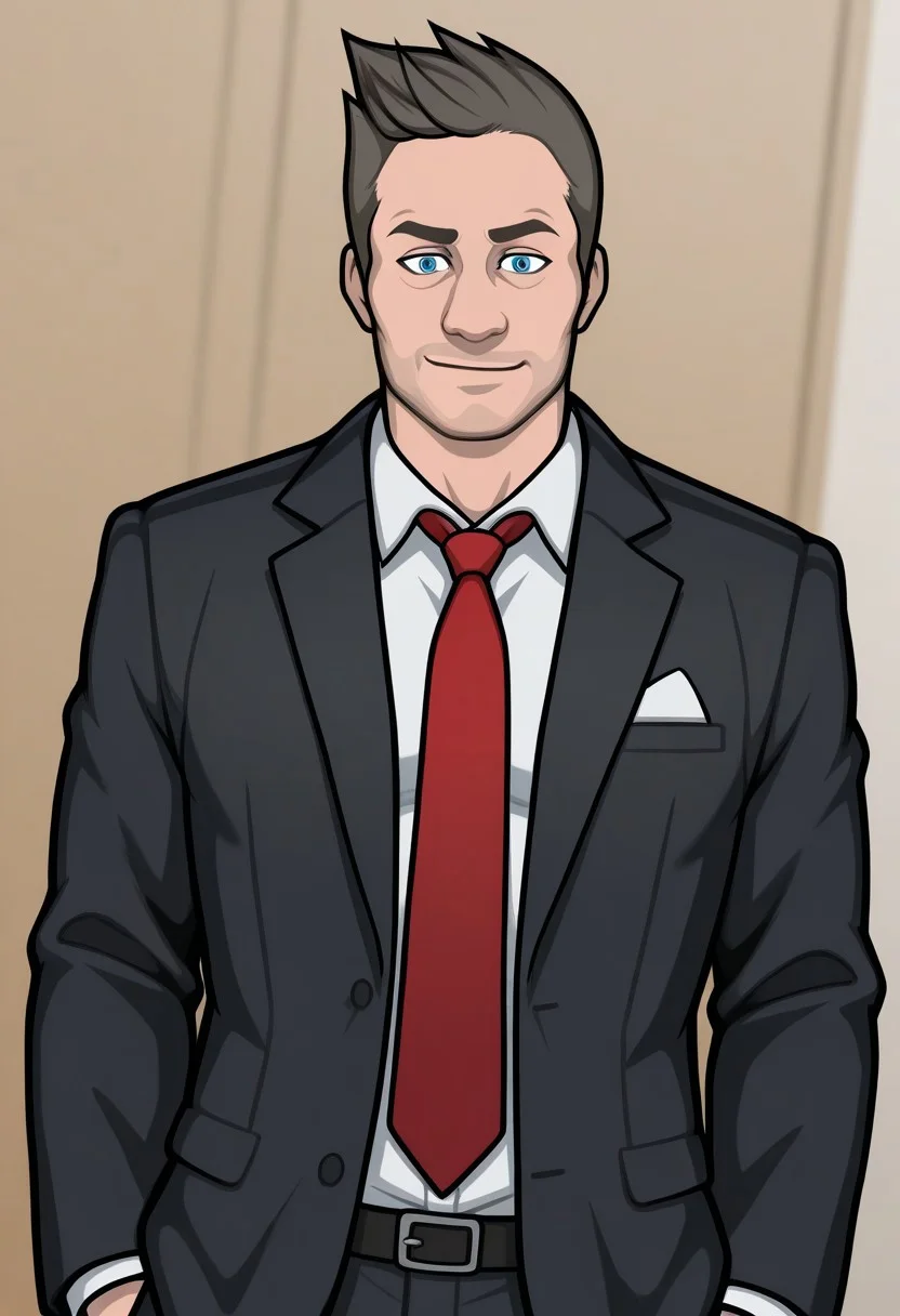 score_9, score_8_up, score_7_up, score_6_up, perfect anatomy, perfect proportions, best quality, masterpiece, high_resolution, high quality, best aesthetic, incredibly absurdres, highres, extremely detailed, huge filesize, solo male, adult, mature, masculine, manly, handsome, charming, alluring, standing, upper body, dutch angle, cowboy shot, perfect face,   source_game \Criminal Case\), official style \(Criminal Case\), David Jones\(Criminal Case\), CCDavid, blue eyes, light brown hair, short hair, facial hair, stubble, five o'clock shadow, CCDavid_outfit03, black suit, white collared shirt, red necktie, black jacket, long sleeves,