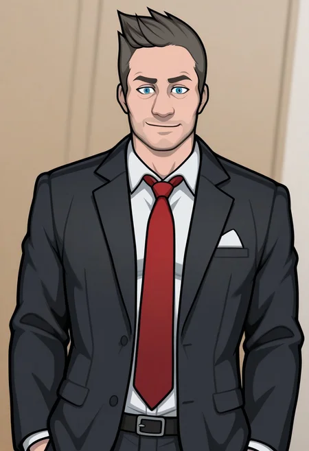 score_9, score_8_up, score_7_up, score_6_up, perfect anatomy, perfect proportions, best quality, masterpiece, high_resolution, high quality, best aesthetic, incredibly absurdres, highres, extremely detailed, huge filesize, solo male, adult, mature, masculine, manly, handsome, charming, alluring, standing, upper body, dutch angle, cowboy shot, perfect face, source_game \Criminal Case\), official style \(Criminal Case\), David Jones\(Criminal Case\), CCDavid, blue eyes, light brown hair, short hair, facial hair, stubble, five o'clock shadow, CCDavid_outfit03, black suit, white collared shirt, red necktie, black jacket, long sleeves,