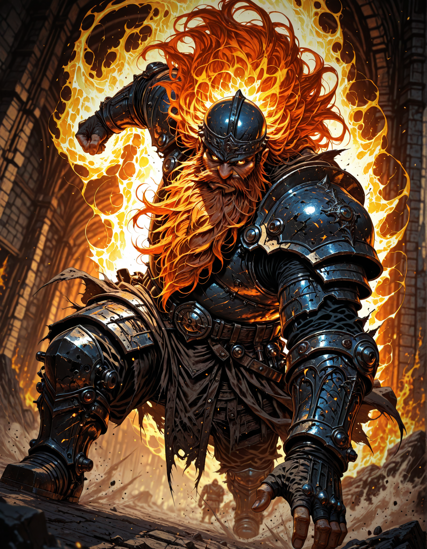 masterpiece, best quality,high quality, newest, highres,8K,HDR,absurdres, 1boy, dwarf, long beard, old, armored, serious, solo, in a forge, fire aura, limited palette, intense expression, dynamic pose, dramatic lighting, strong depth of field, wind-blown hair, torn fabric, gritty realism, cinematic shot, dutch angle, foreshortening, blurred background, dust particles., detailed background, dynamic pose, dynamic composition,dutch angle, detailed backgroud,foreshortening,blurry edges,  <lora:iLLMythM4gicalL1nes:1> M4gicalL1nes