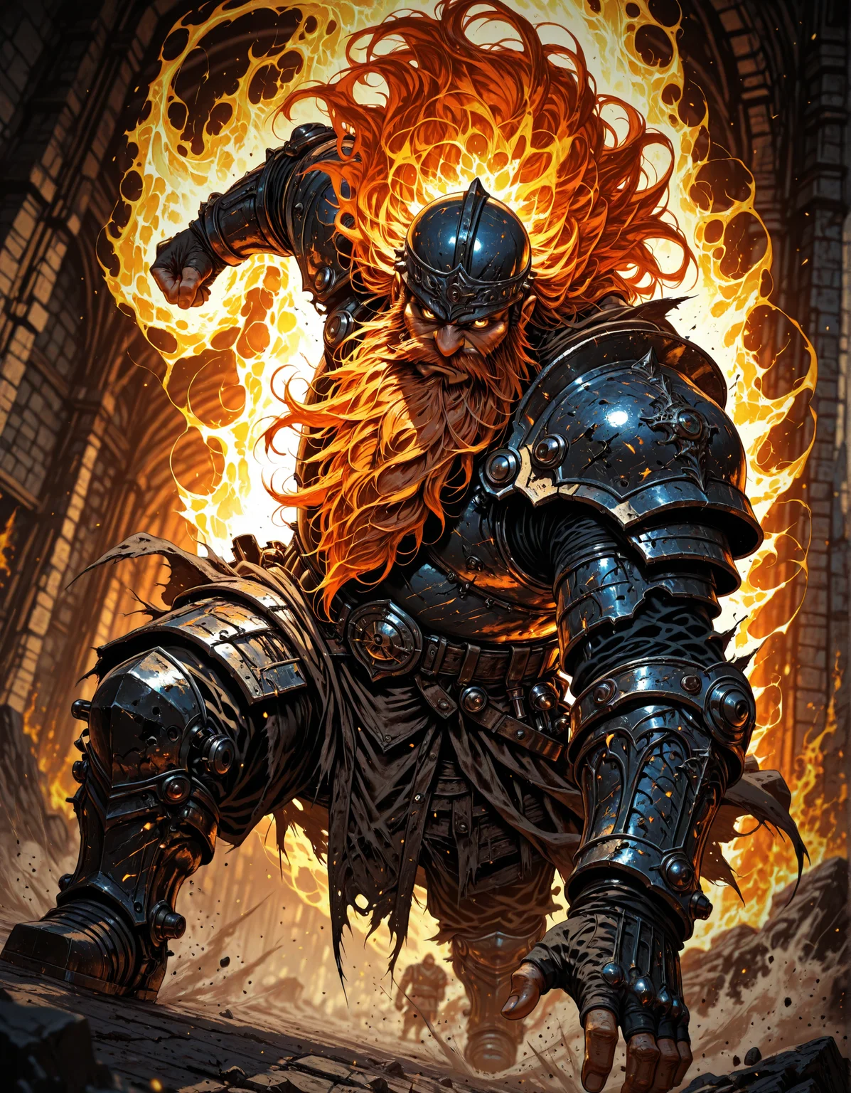 masterpiece, best quality,high quality, newest, highres,8K,HDR,absurdres, 1boy, dwarf, long beard, old, armored, serious, solo, in a forge, fire aura, limited palette, intense expression, dynamic pose, dramatic lighting, strong depth of field, wind-blown hair, torn fabric, gritty realism, cinematic shot, dutch angle, foreshortening, blurred background, dust particles., detailed background, dynamic pose, dynamic composition,dutch angle, detailed backgroud,foreshortening,blurry edges, <lora:iLLMythM4gicalL1nes:1> M4gicalL1nes