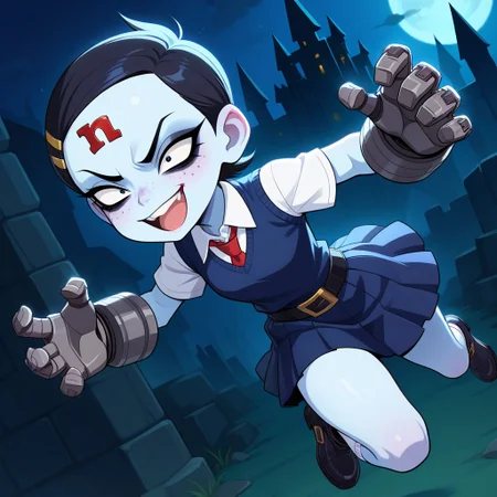 masterpiece, best quality, amazing quality, masterpiece, newest, absurdres, safe, , very aesthetic, absurdres, outside, evil castle,night, dramatic shadows, 1girl, solo, 1girl only, nina cortex, blue skin, black hair, short hair, black eyes, hairclip, white collared shirt, dark blue sweater vest, red tie, short sleeves, belt, dark blue pleated skirt, white socks, kneehighs, black ankle boots, metal gloves, buckteeth, red n on forehead, freckles, black eyeliner, jumping, midair, smile, open mouth, excited eyes, dynamic pose, dynamic angle, dramatic angle, hands apart, one knee raised, v-shaped eyebrows, , <lora:885e3ca3-13e4-4ff5-bb0b-d38a99325c85:1.0>