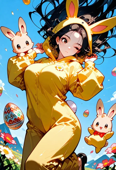 flower, fantasy, ShinyStar, Expressiveh,
Whimsical, face focus, zoom in, Splash background, simple background,
Bunny Costume, black hair, detailed face, detailed eyes, big breast, dutch angle, one leg raised, floating, blue sky, yellow costume, ;, brown eyes, long levitating hair, eyelashes, easter eggs, flying bunny plushy,